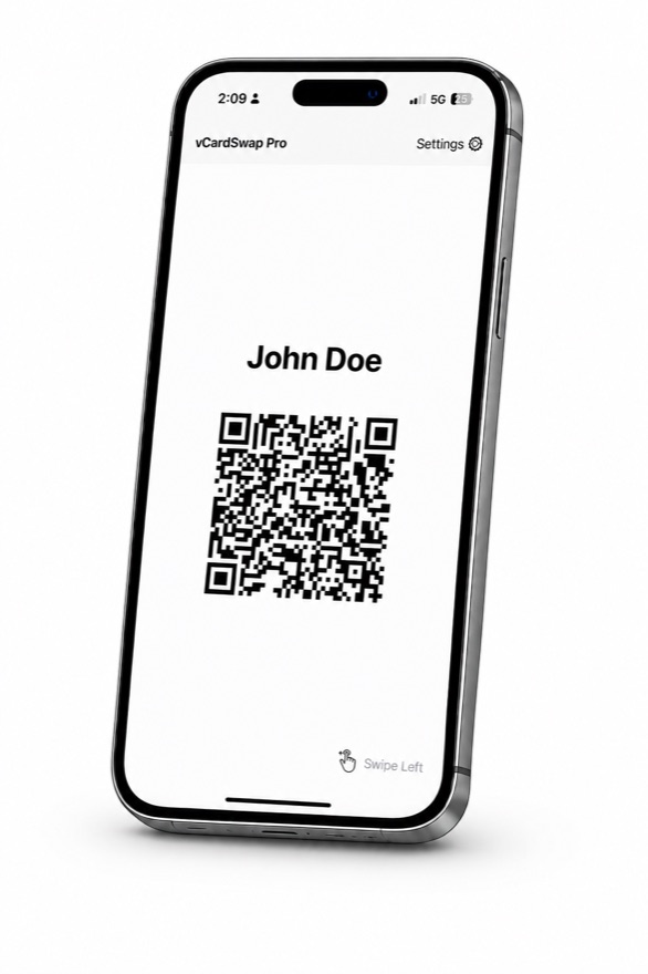 vCardSwap on a phone showing a QR code