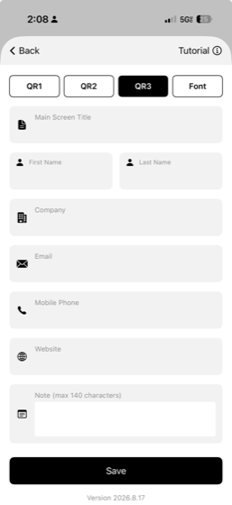 vCardSwap card edit screen — fill in your name, company, email, and phone